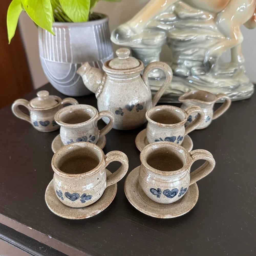 VTG Rowe Pottery Miniature Tea Set Salt Glazed Stoneware Blue Heart Cottagecore